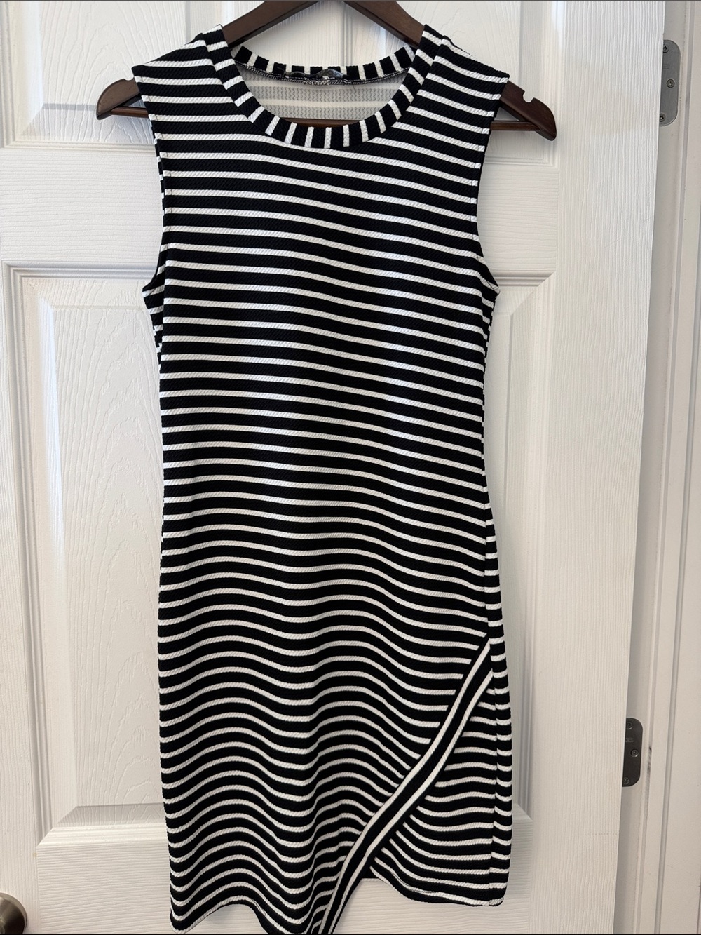Sleeveless Black and White Striped Knit Dress